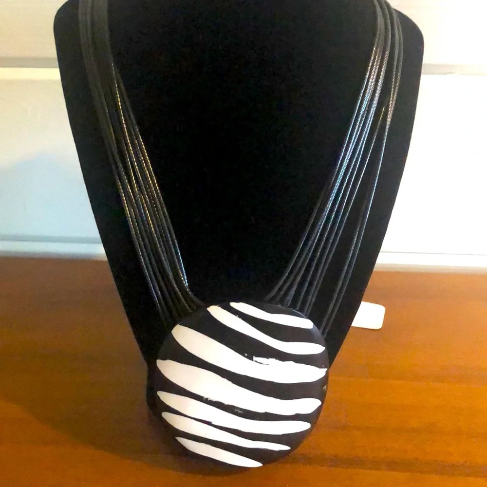 Black and White Zebra Resin Pendant Multi-Strand Necklace